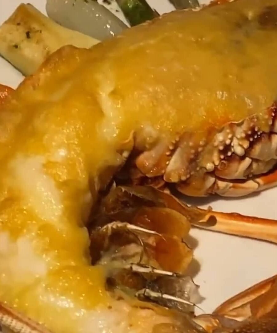 Llagosta gratinada amb allioli de gamba de Palamós