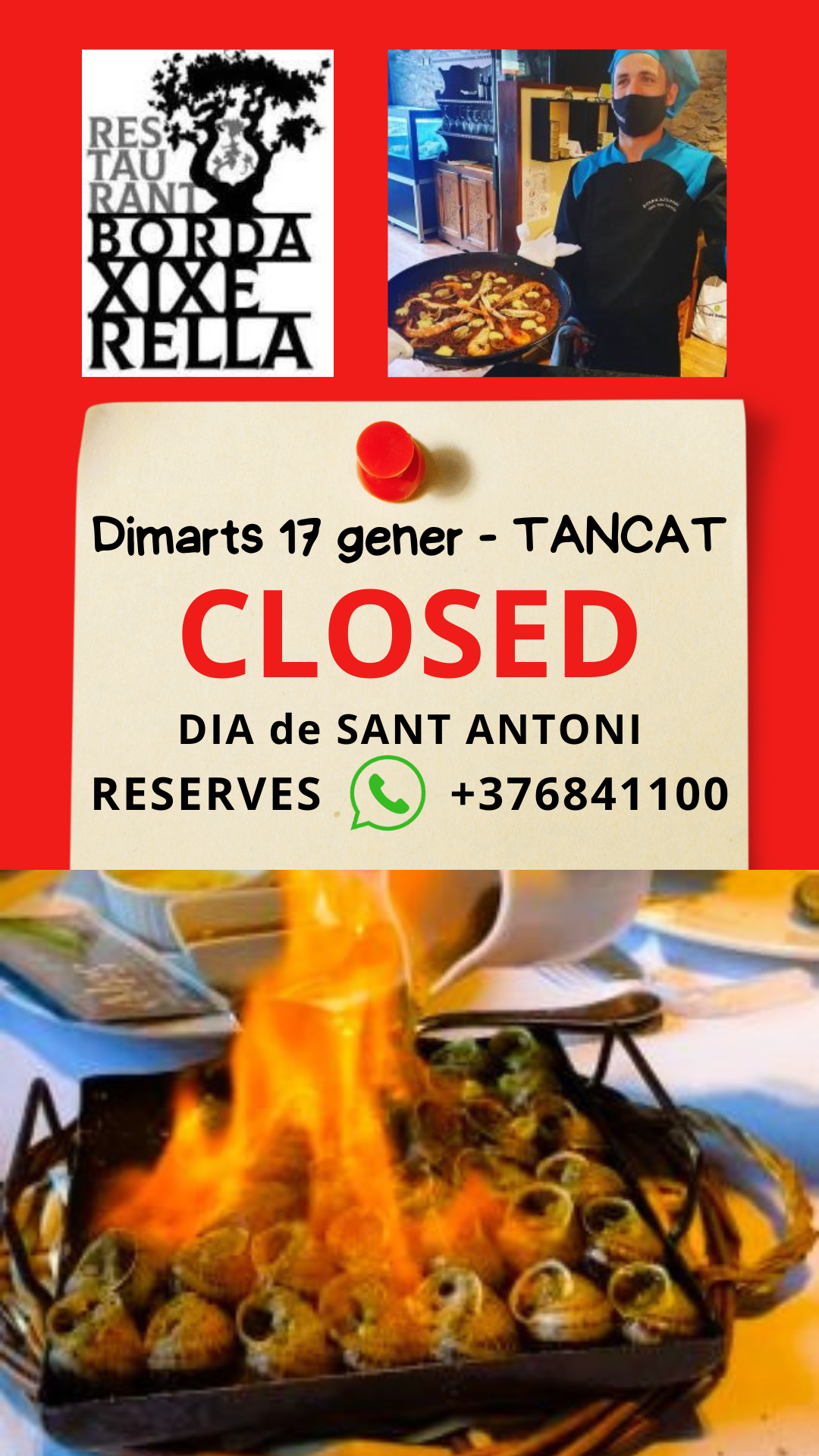 BORDA XIXERELLA - dimarts 17 de gener tancat - Dia de Sant Antoni, podeu menjar Escudella a la plaça de les Fontetes a La Massana