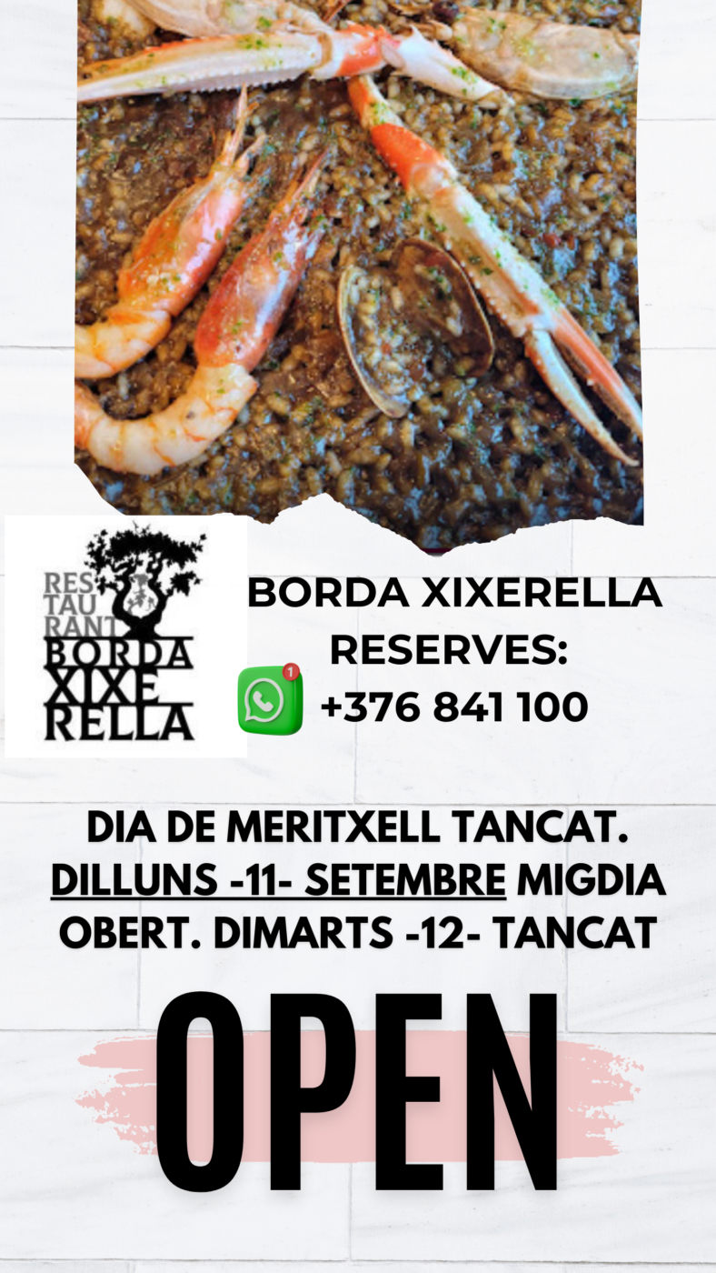 DIA 8 DE SETEMBRE DIA DE MERITXELL TENIM TANCAT. DILLUNS -11- SETEMBRE MIGDIA OBERT, DILLUNS 11 A LA NIT TANCAT. DIMARTS -12- TANCAT PER FESTA SETMANAL.