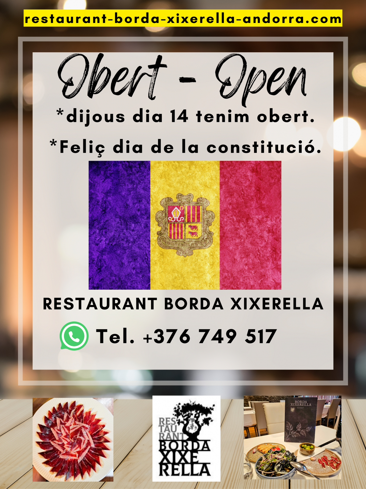 A Restaurant Borda Xixerella Andorra us desitgem un feliç dia de la constitució 2024 i us volem dir que el pròxim dijous dia 14 tenim el Restaurant obert, així que ja podeu reservar la vostra taula ara mateix.