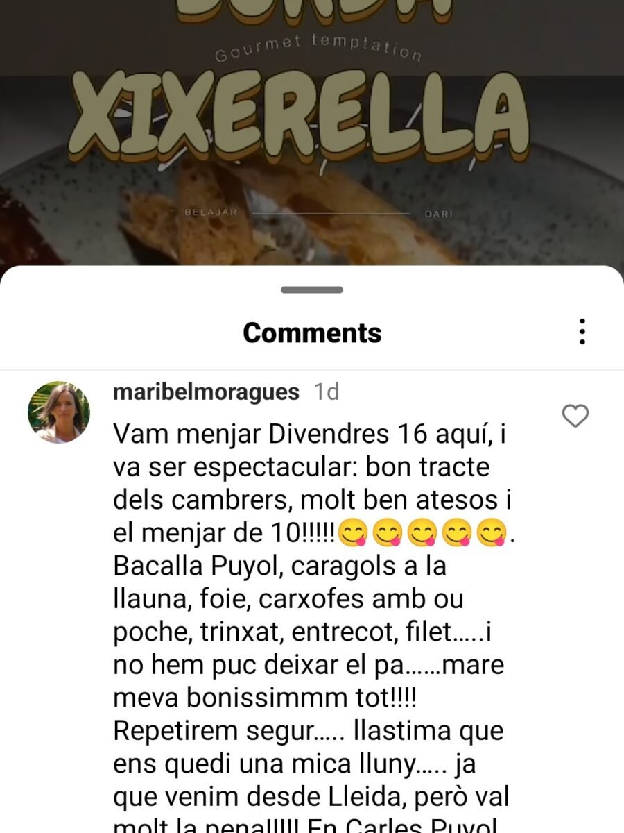 Vam menjar divendres 16 a la Borda Xixerella, i va ser espectacular, bon tracte dels cambrers, molt ben atesos i el menjar de 10. En Carles Puyol té tota la raó de ser el seu restaurant preferit.