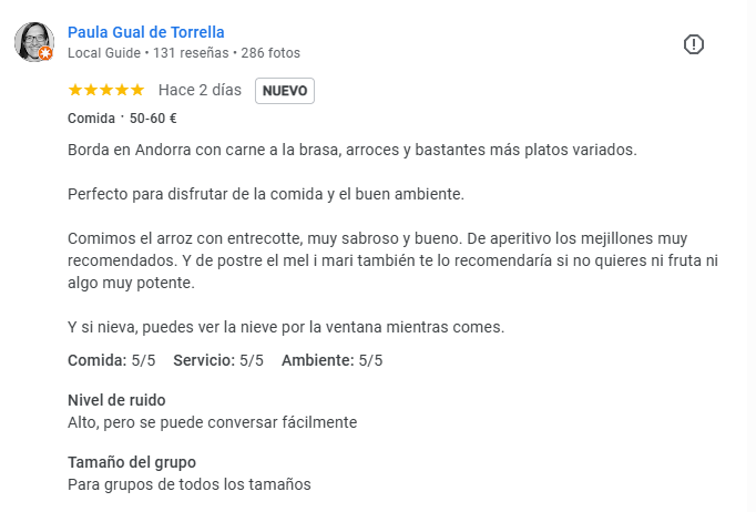 Las mejores reseñas de restaurantes de Andorra. Borda Xixerella en Andorra con carne a la brasa, arroces y bastantes más platos variados. Perfecto para disfrutar de la comida y el buen ambiente. Comimos el arroz con Entrecote, muy sabroso y bueno. De aperitivo, los mejillones, muy recomendables. Y de postre, mel i mató o la tarta de queso; también te lo recomendaría si no quieres ni fruta ni algo muy potente. Y si nieva, puedes ver la nieve por la ventana mientras comes. Comida: 5/5 Servicio: 5/5 Ambiente: 5/5